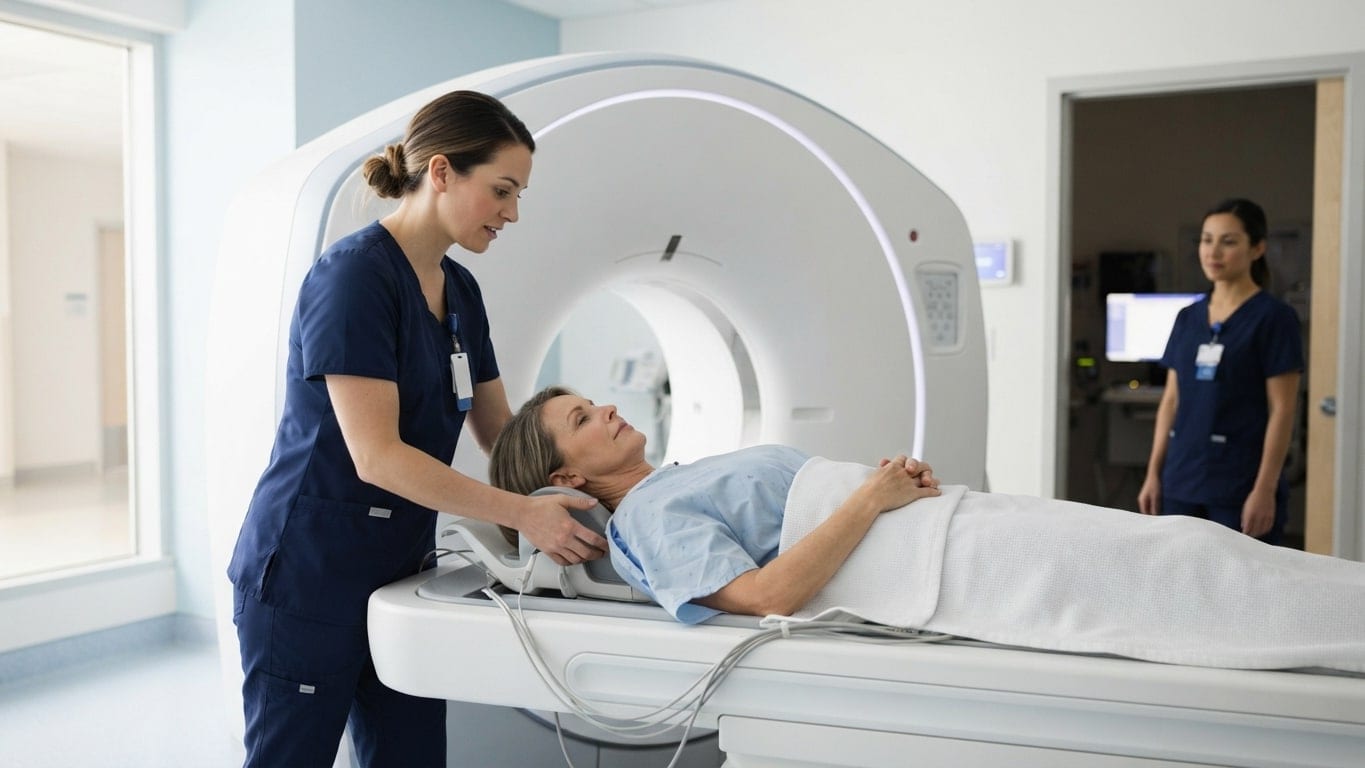 A radiologic technologist positions a patient on a CT scanner table.