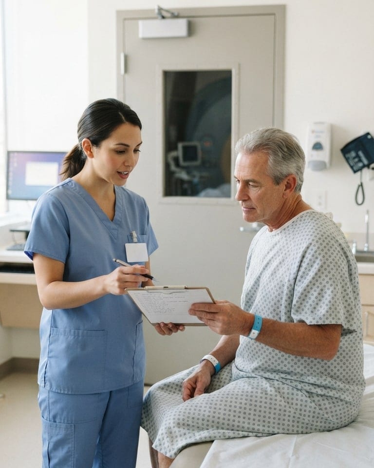 An MRI technologist goes over safety screening with a patient before a scan.