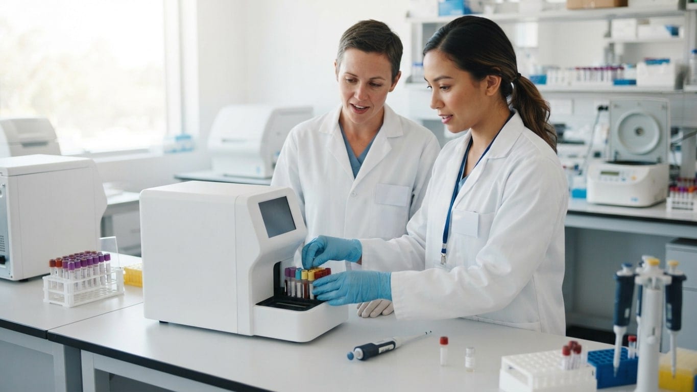 A laboratory scientist loads samples into an analyzer while a supervisor observes.