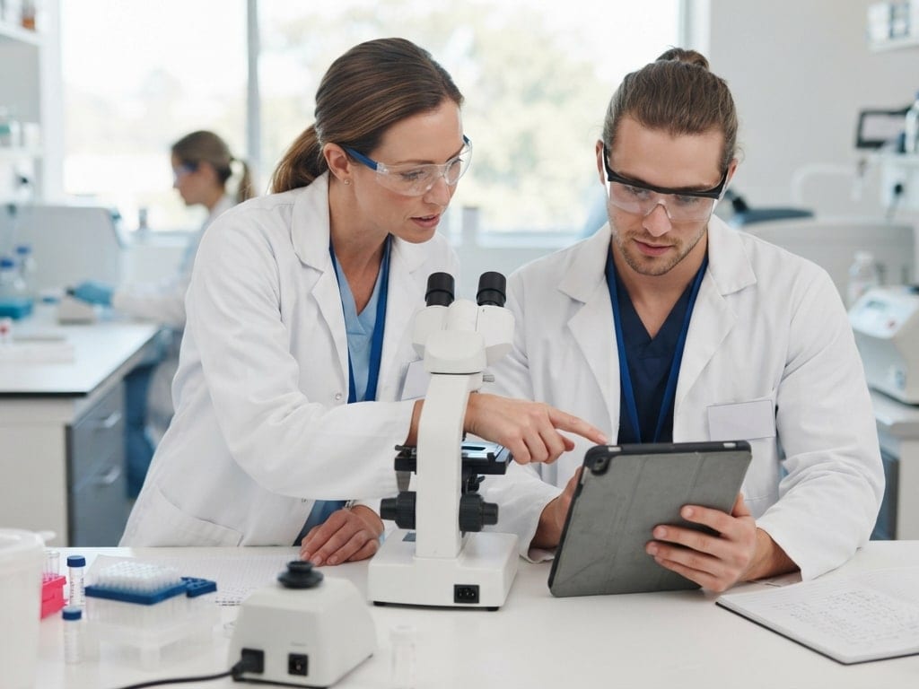 Two laboratory technologists review a quality-control check at a bench.
