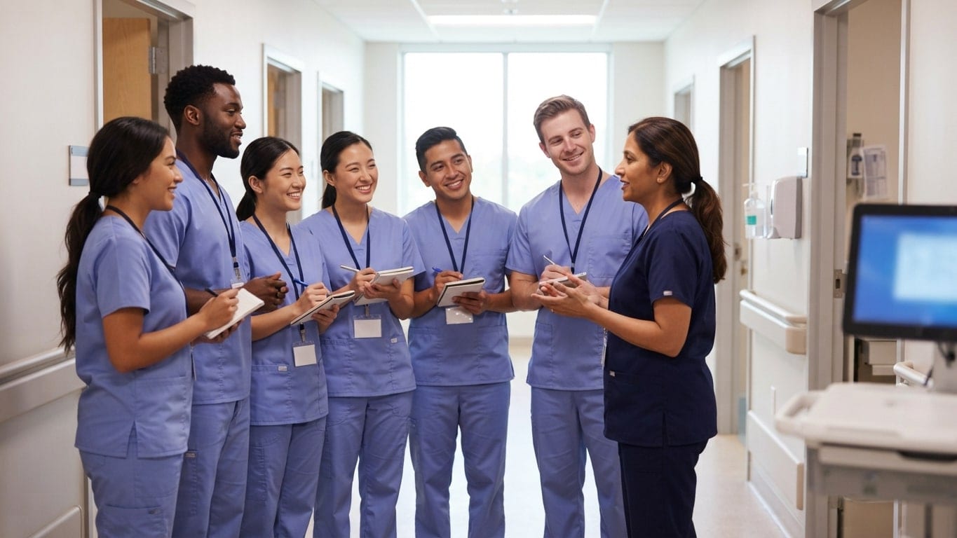 A preceptor talks with a group of new-graduate nurses on a hospital unit.