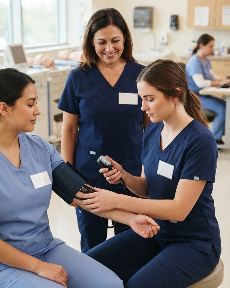 A new-graduate nurse takes a blood pressure while her preceptor observes.