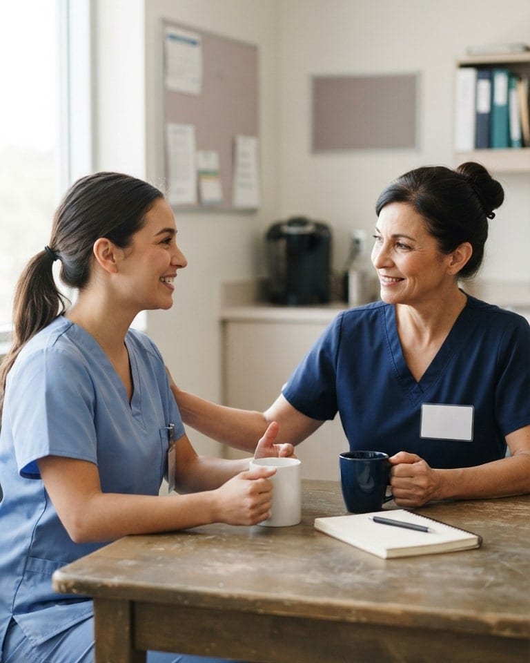 A mentor nurse and a resident nurse talk during a check-in.