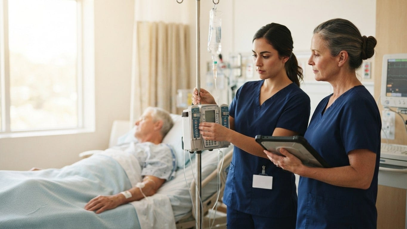 Two nurses check an IV pump together at a patient's bedside.