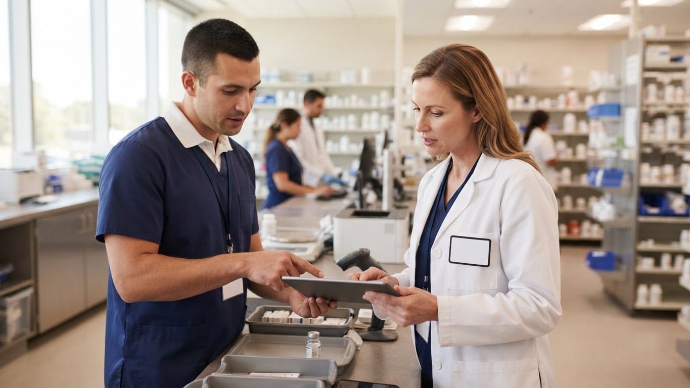 A pharmacist and a pharmacy technician review an order at a hospital pharmacy counter.