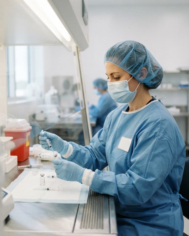 A pharmacy technician prepares a sterile compound in a cleanroom hood.
