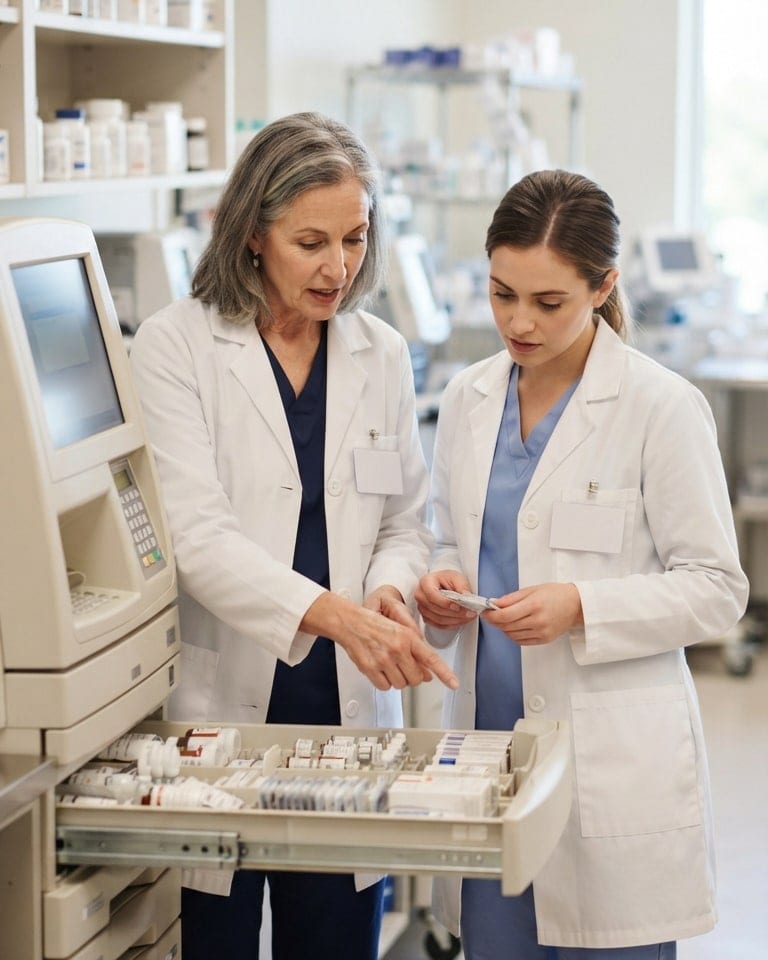 A senior pharmacist coaches a colleague at a medication dispensing cabinet.