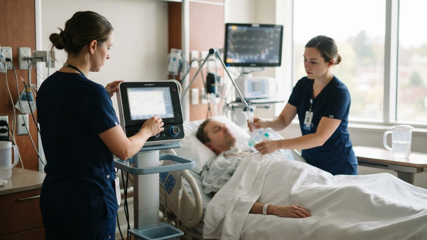 Two respiratory therapists check a ventilator beside a resting ICU patient.