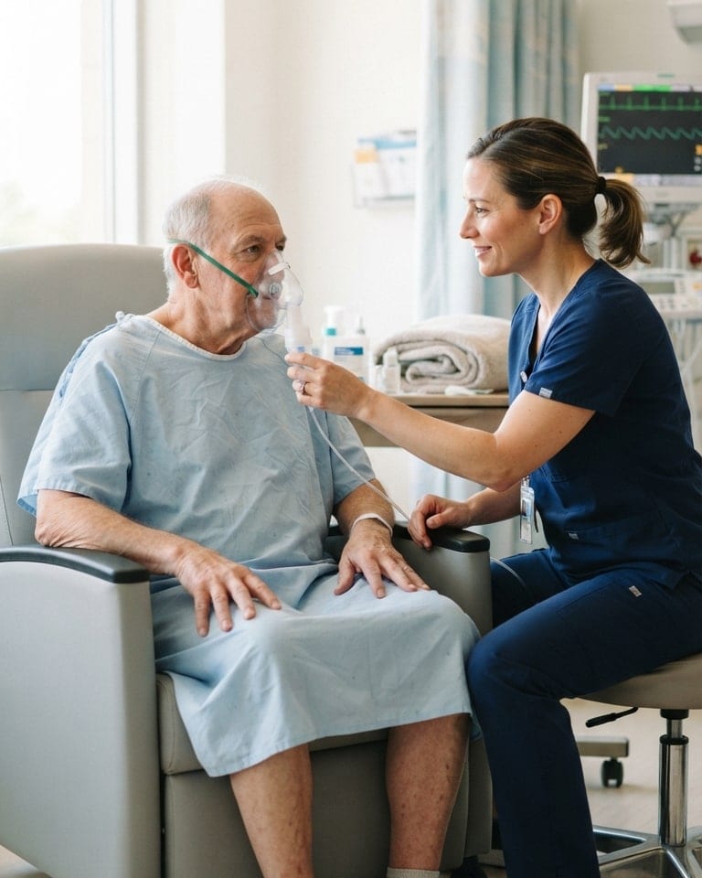 A respiratory therapist coaches a patient through a nebulizer treatment.