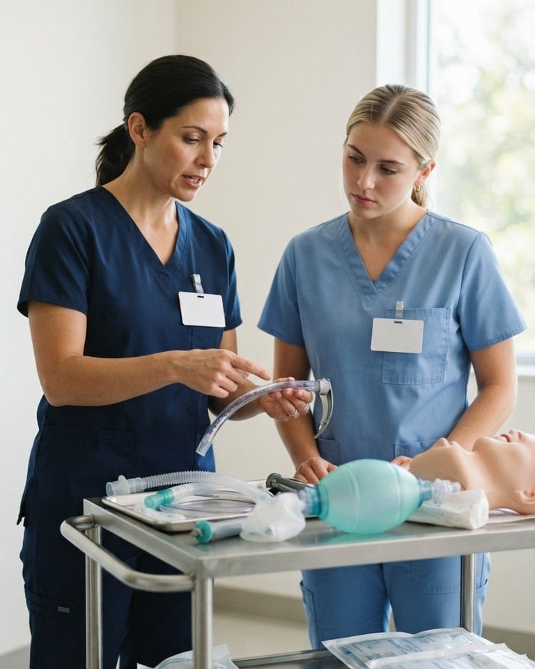 A respiratory therapy educator demonstrates airway equipment to a colleague.
