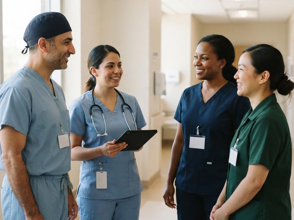 A surgeon, two nurses and a support staff member in a start-of-shift huddle.