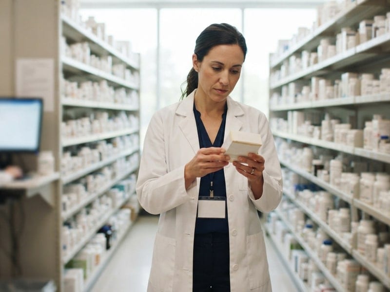 A pharmacist checks medication stock between hospital pharmacy shelves.