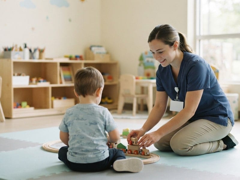 A child-life specialist plays with a young patient in a hospital playroom.