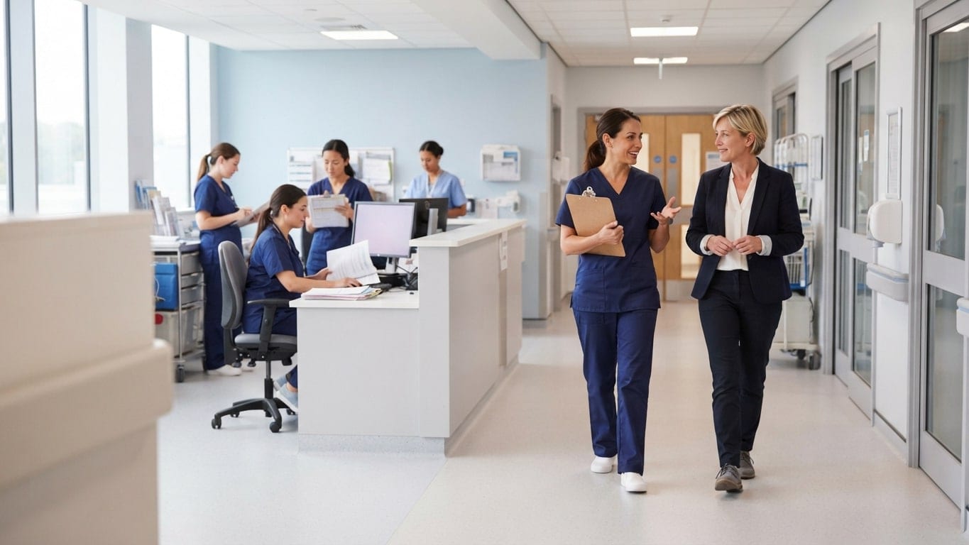 A nurse manager walks a visitor through a calm hospital unit.