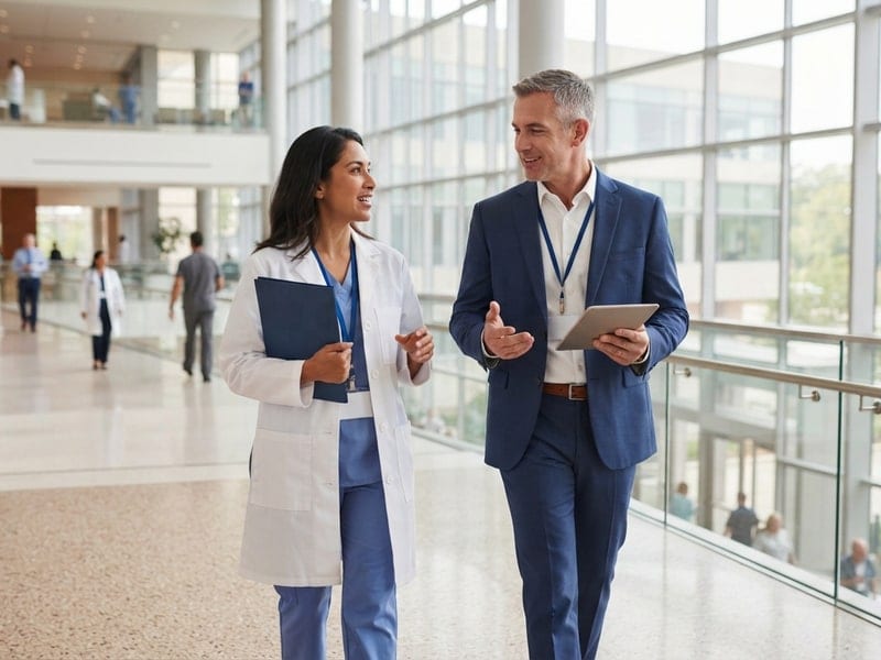 A physician and a hospital administrator talk as they walk through an atrium.