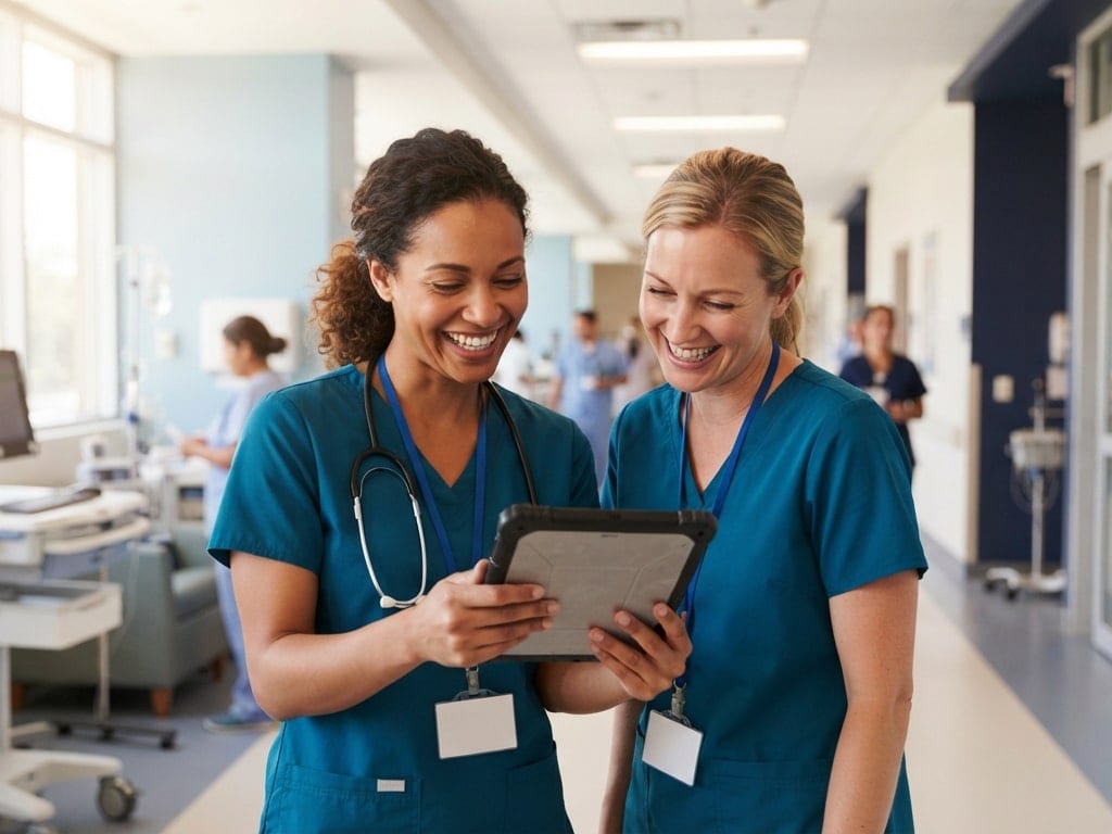 Two nurses smile as they look at a tablet in a hospital hallway.