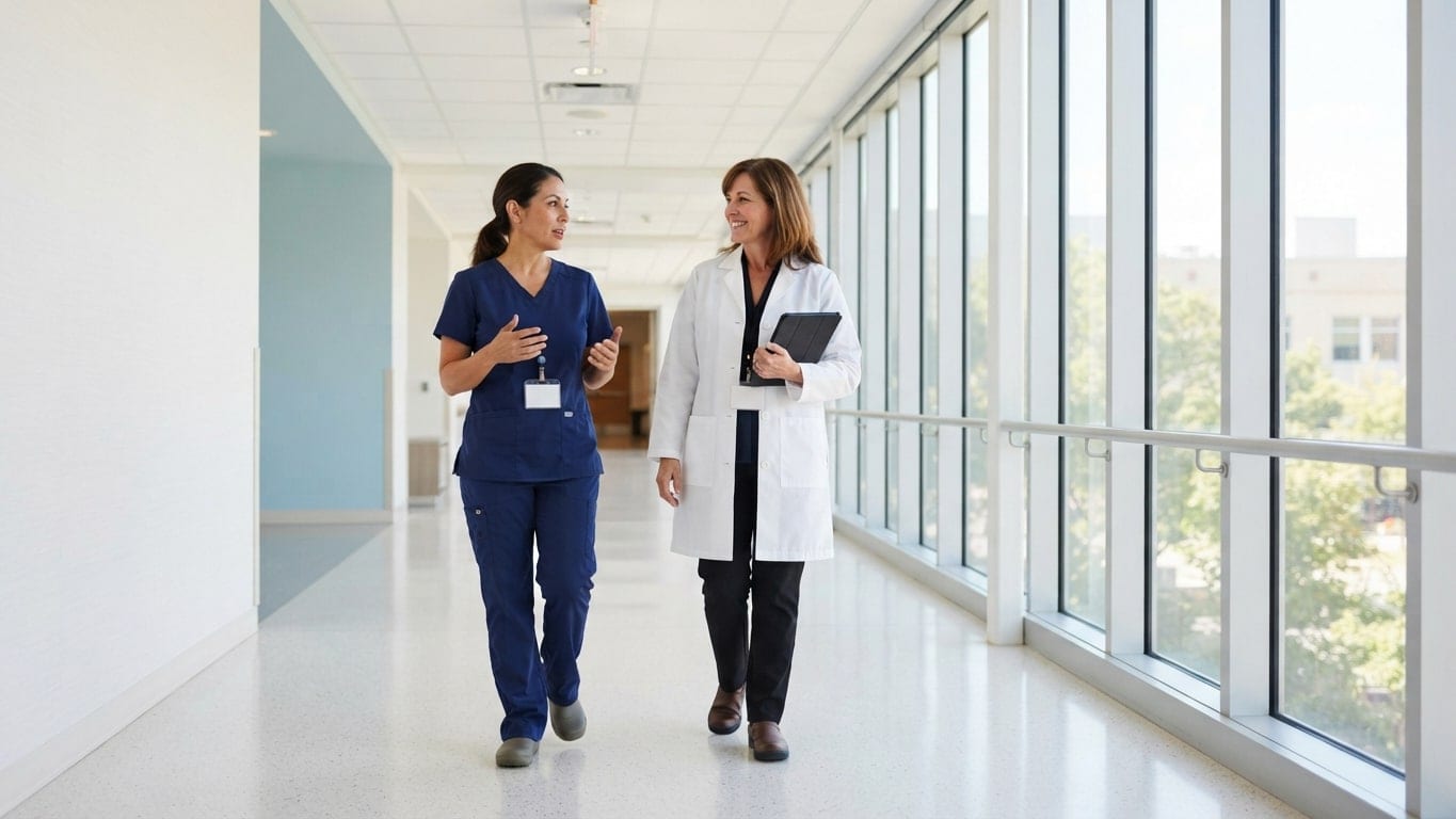 A nurse manager and a clinical educator talk as they walk down a bright hospital corridor.
