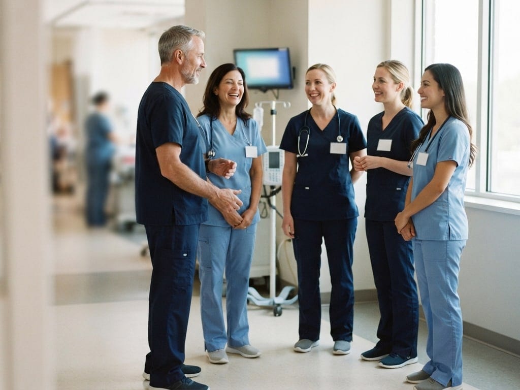 Nurses share a relaxed morning huddle on a hospital unit.