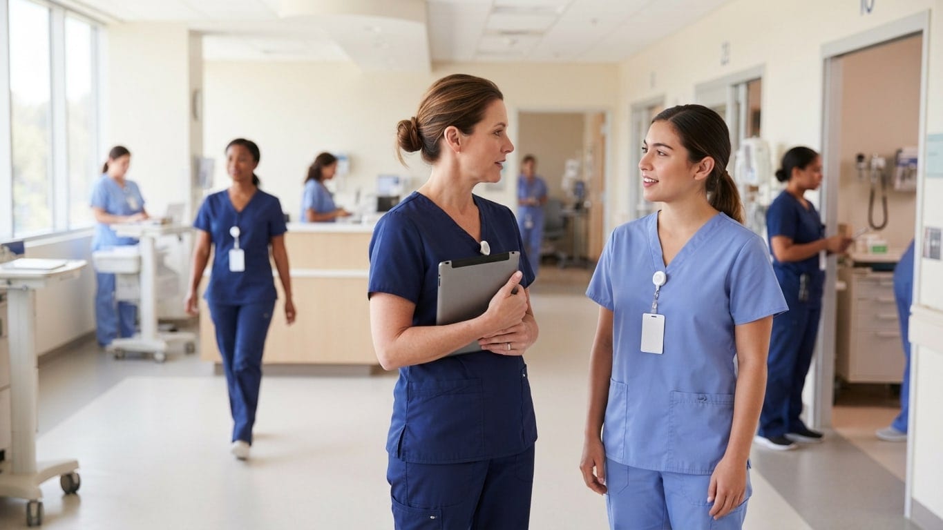 A nurse manager holding a tablet talks with a nurse on a calm hospital unit.