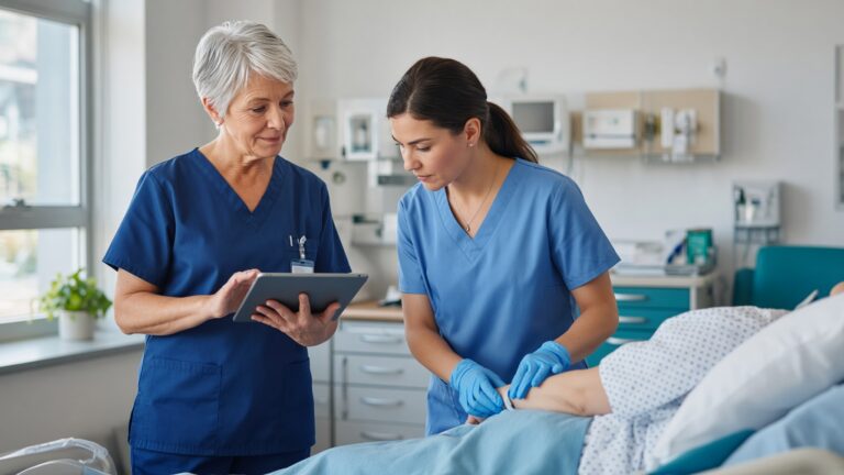 Nurse educator using a tablet to verify a nurse's competency during patient care, supporting Joint Commission survey readiness