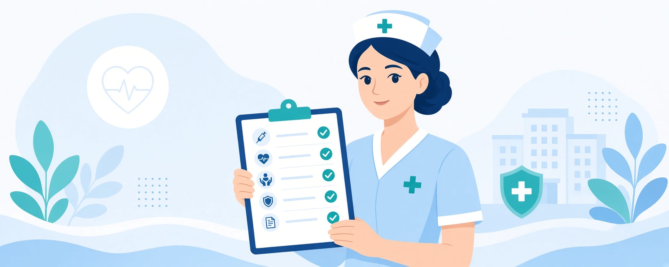 Illustration of a nurse holding a clipboard checklist with every item checked.