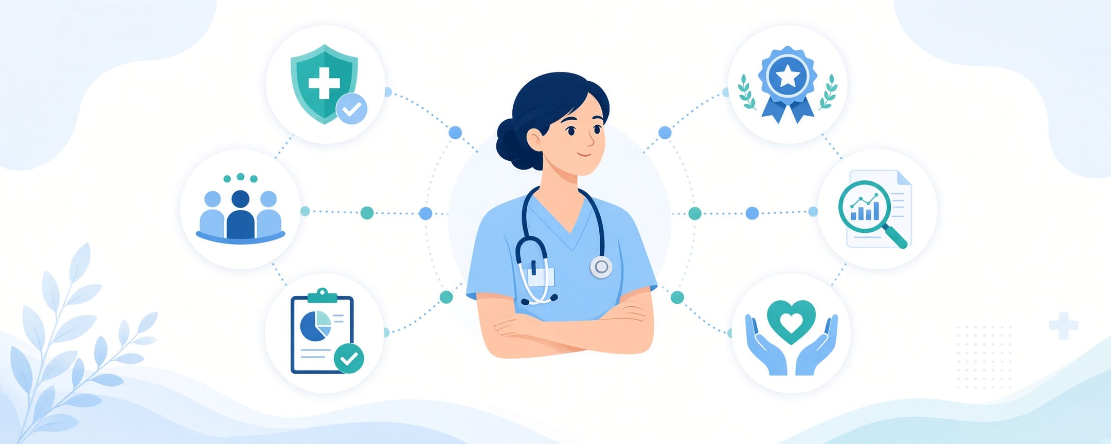 Illustration of a nurse surrounded by icons for safety, teamwork, quality, evidence, informatics and patient-centered care.