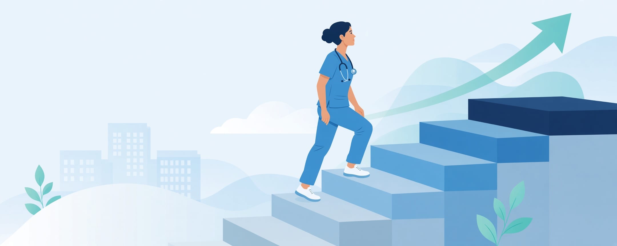 Illustration of a nurse climbing steps toward an upward arrow.