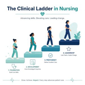 The clinical ladder in nursing showing four levels: Foundation, Development, Proficiency, and Leadership